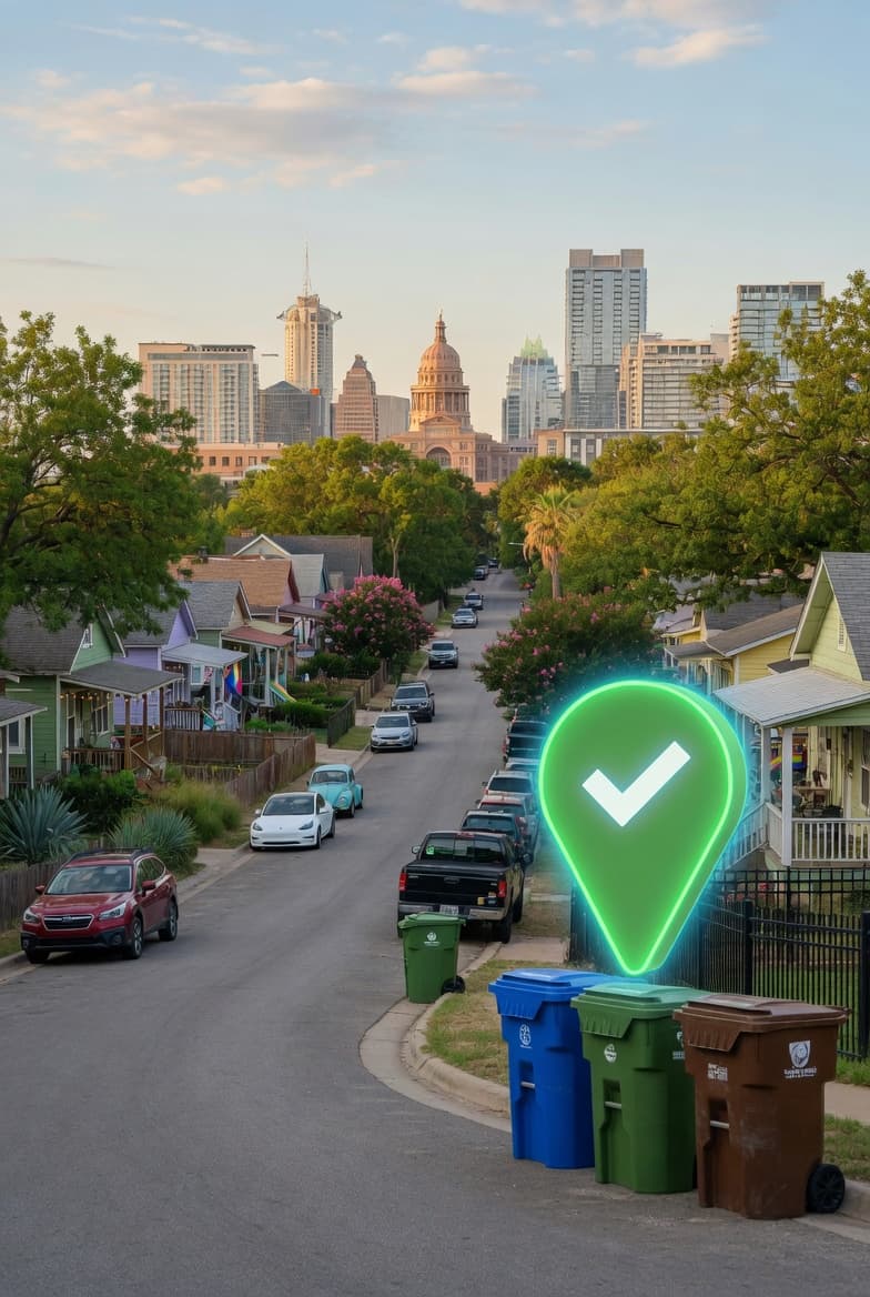 Trash and recycling bins at the curb on an Austin street, with the State Capitol on the skyline and a glowing green BinBoss location pin