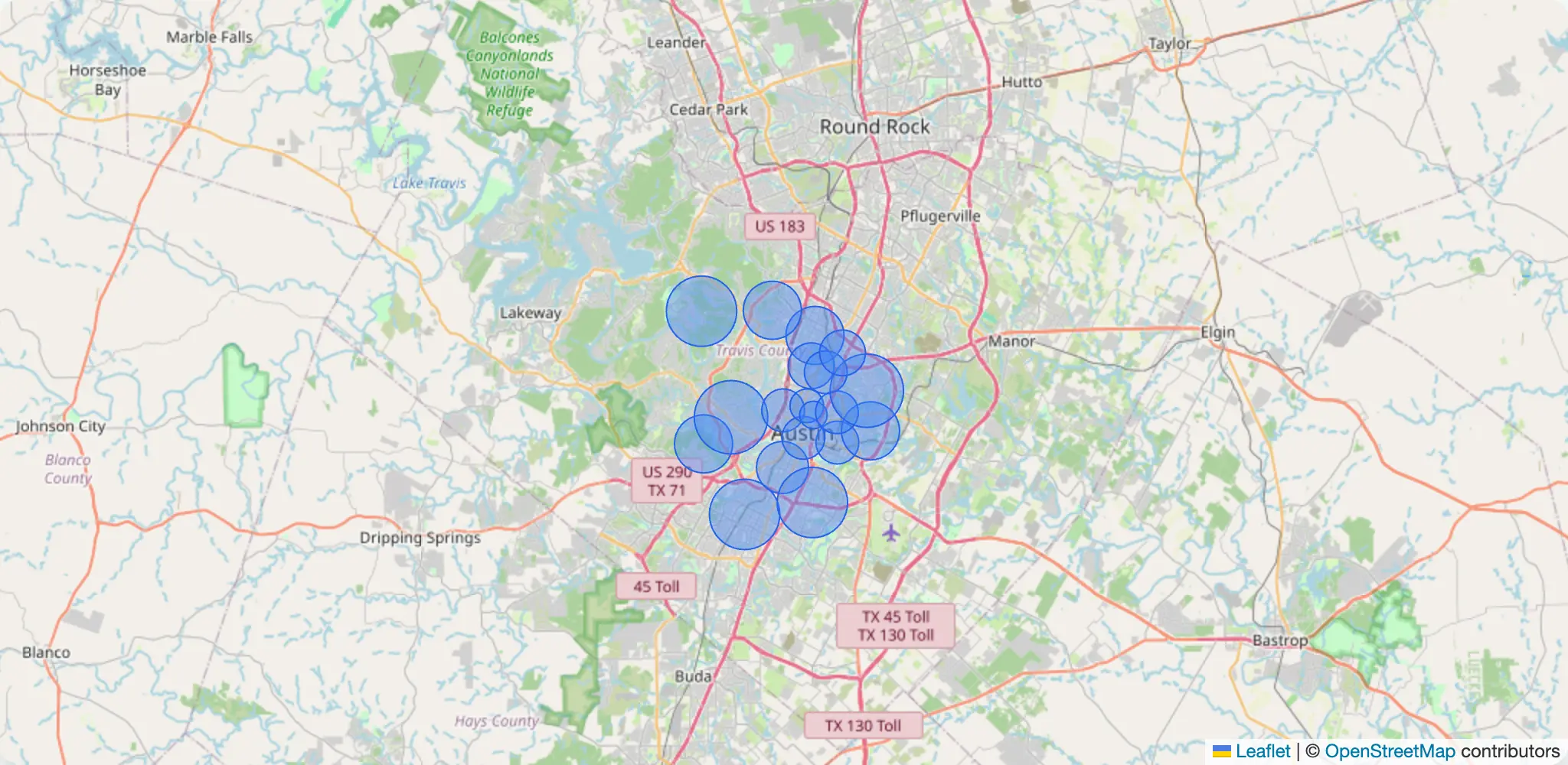 Map of Austin, TX with BinBoss service zip codes shaded in blue, west of I-35 and south of SH-45