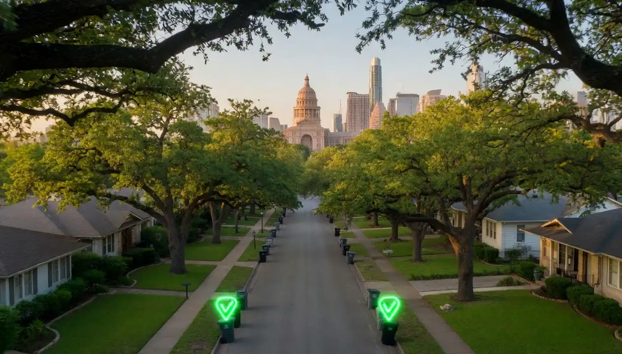 Trash cans lined up at the curb on a tree-lined Austin street, with the Texas Capitol behind